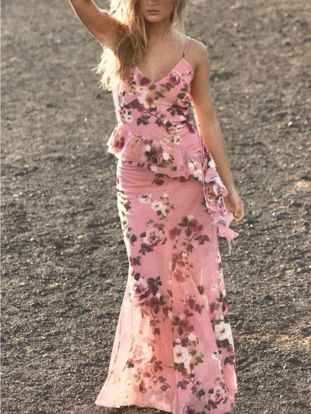 Zara Pink Floral Peplum Maxi Skirt & Top